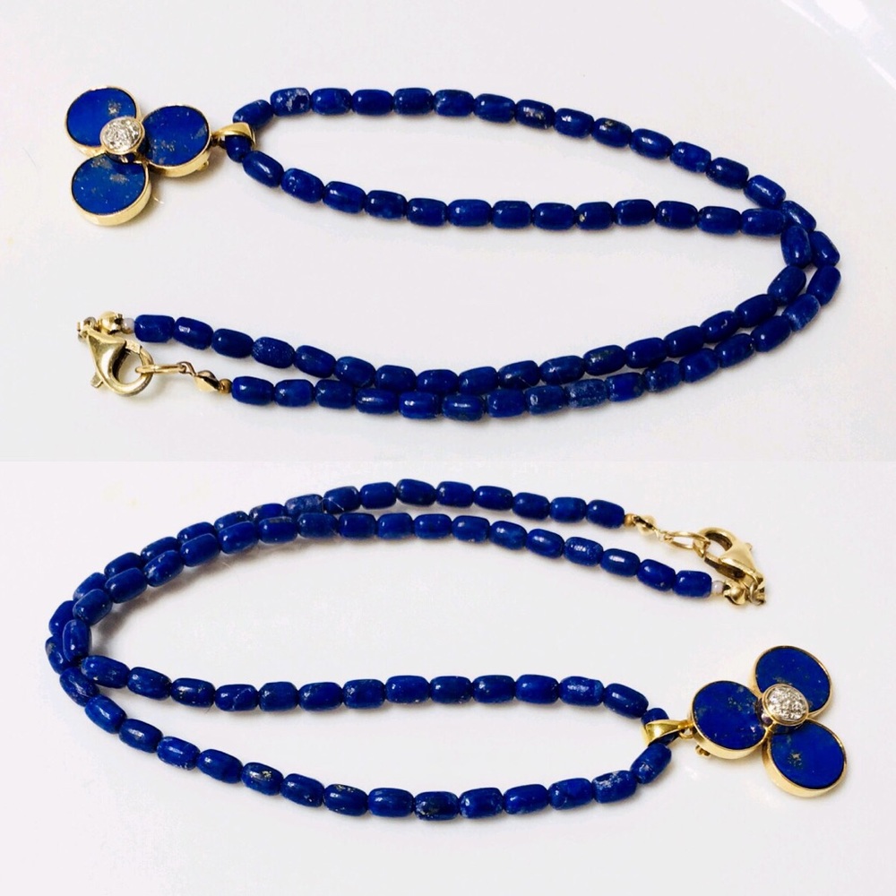 14k & 18k Gold Lapis Diamond Pendant Bead Necklace - Picture 3 of 6